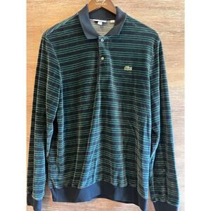 Lacoste Men Vintage Long Sleeves Polo Shirt Velour  Stripped Green Size L Preppy